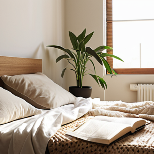 Home 4 A serene, minimalist bedroom with a neutral color palette. Sunlight streams through a window onto a neatly made bed. A single potted plant sits on a clean bedside table next to a journal and pen. The overall feeling is calm and uncluttered, promoting mental clarity. Focus on the feeling of "paz interior."