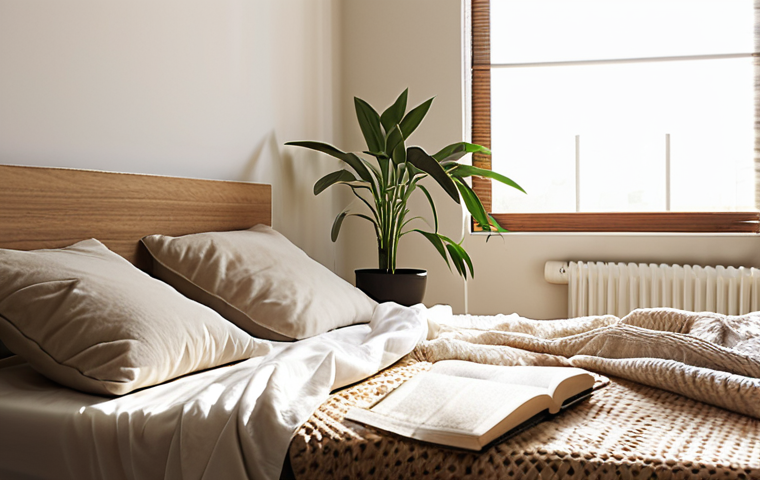 A serene, minimalist bedroom with a neutral color palette. Sunlight streams through a window onto a neatly made bed. A single potted plant sits on a clean bedside table next to a journal and pen. The overall feeling is calm and uncluttered, promoting mental clarity. Focus on the feeling of "paz interior."