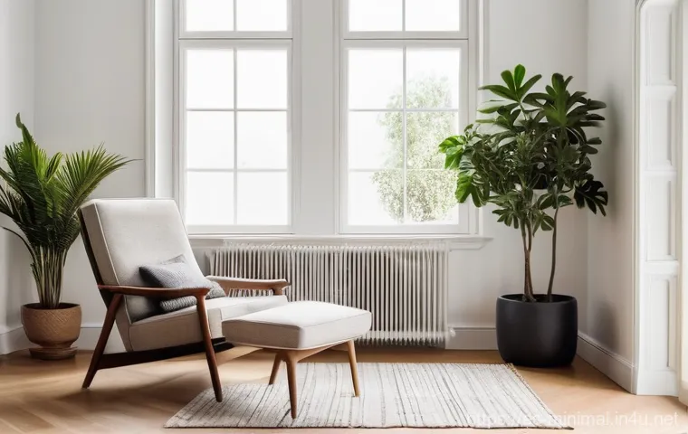 미니멀라이프 물건을 줄이는 방법 - **Prompt:** A minimalist living room bathed in soft, natural light, featuring clean lines and a sens...