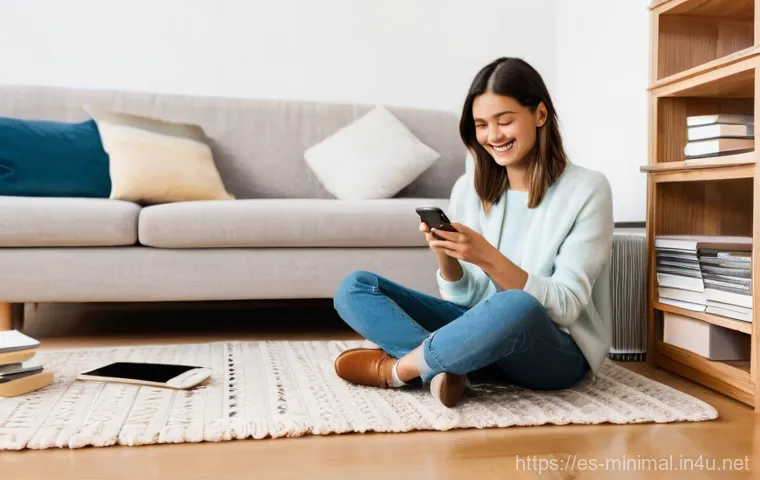 미니멀라이프 예산 절약 - **Prompt:** A bright, minimalist apartment living room bathed in warm, natural light. A smiling woma...