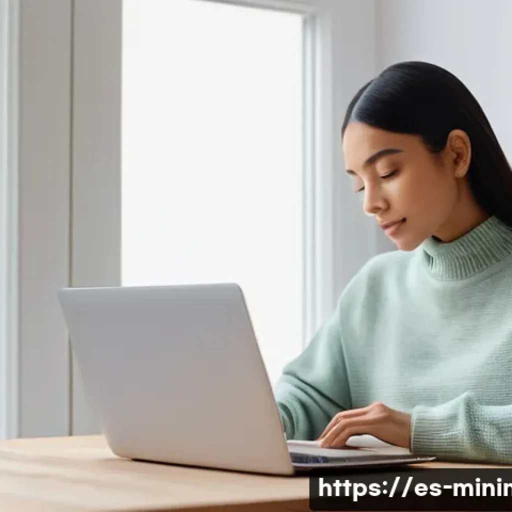 미니멀라이프 여유있는 삶 - **A Serene Minimalist Workspace:** A young woman, dressed in a comfortable, modest sweater and slack...