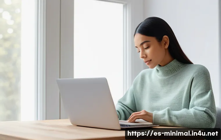 미니멀라이프 여유있는 삶 - **A Serene Minimalist Workspace:** A young woman, dressed in a comfortable, modest sweater and slack...