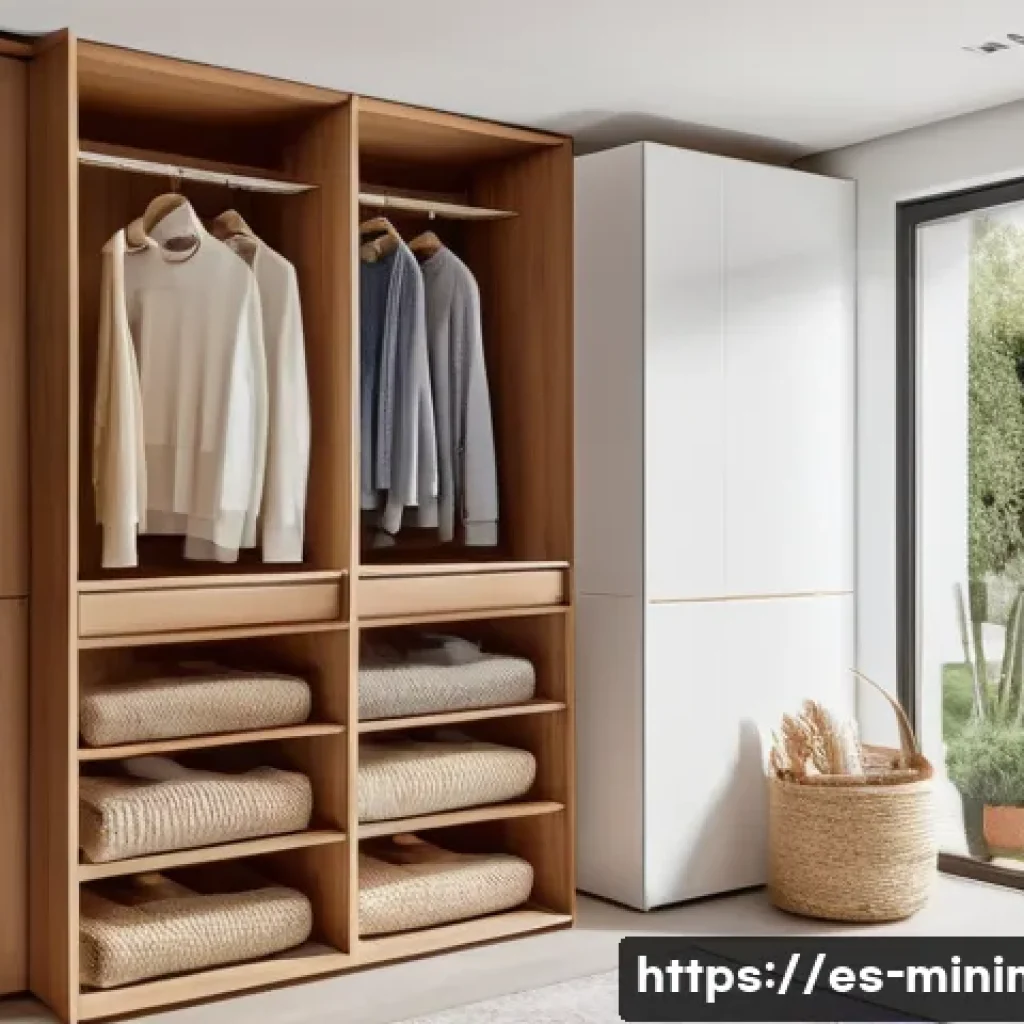 미니멀라이프 시즌별 의류 관리 - A bright, airy walk-in closet in a modern Spanish home during springtime, showcasing neatly organize...