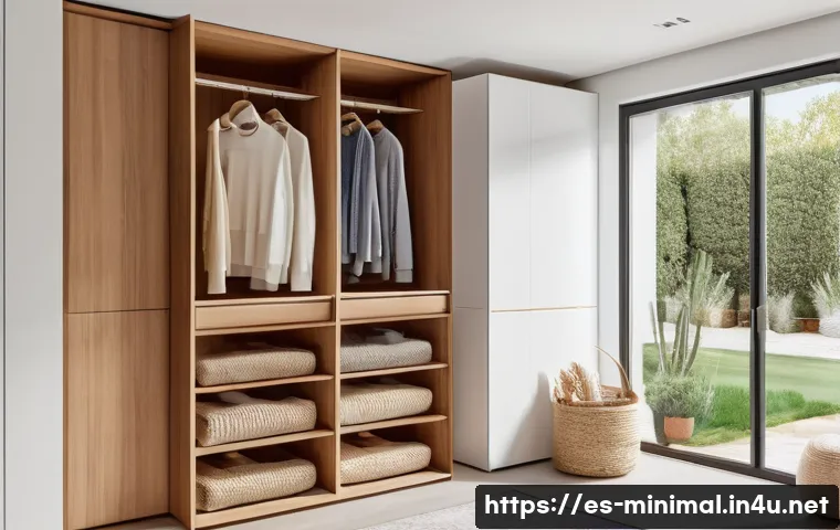 미니멀라이프 시즌별 의류 관리 - A bright, airy walk-in closet in a modern Spanish home during springtime, showcasing neatly organize...
