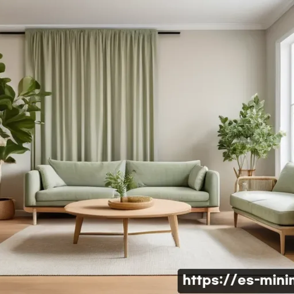 미니멀라이프 명상 - A serene, minimalist living room bathed in soft natural light, featuring neutral tones like beige, o...