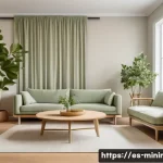 미니멀라이프 명상 - A serene, minimalist living room bathed in soft natural light, featuring neutral tones like beige, o...
