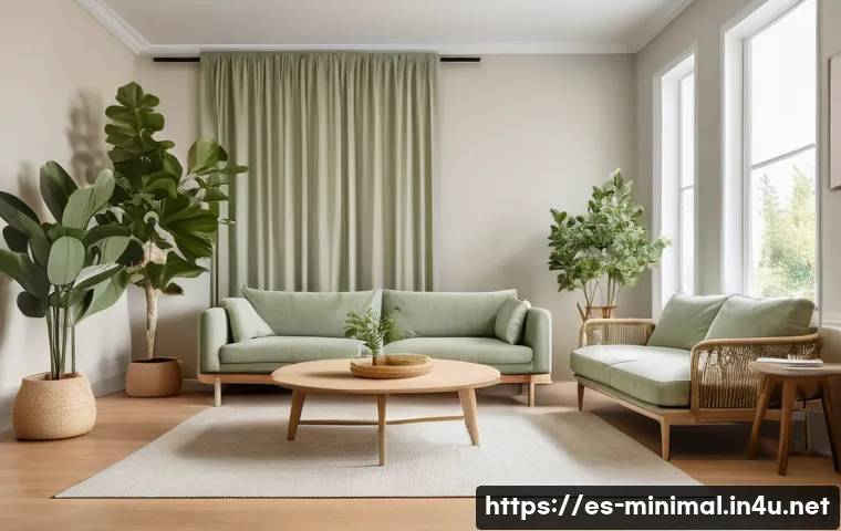 미니멀라이프 명상 - A serene, minimalist living room bathed in soft natural light, featuring neutral tones like beige, o...