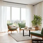 미니멀라이프 심플 라이프 실천법 - A bright, minimalist living room bathed in natural sunlight streaming through large, unobstructed wi...