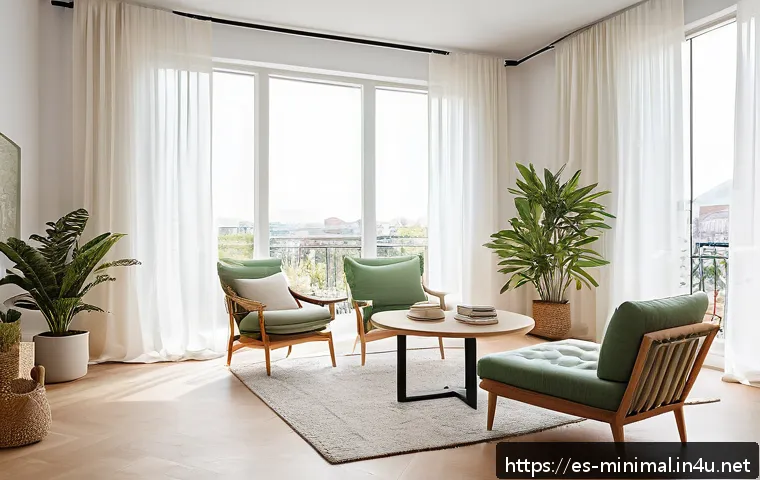 미니멀라이프 심플 라이프 실천법 - A bright, minimalist living room bathed in natural sunlight streaming through large, unobstructed wi...