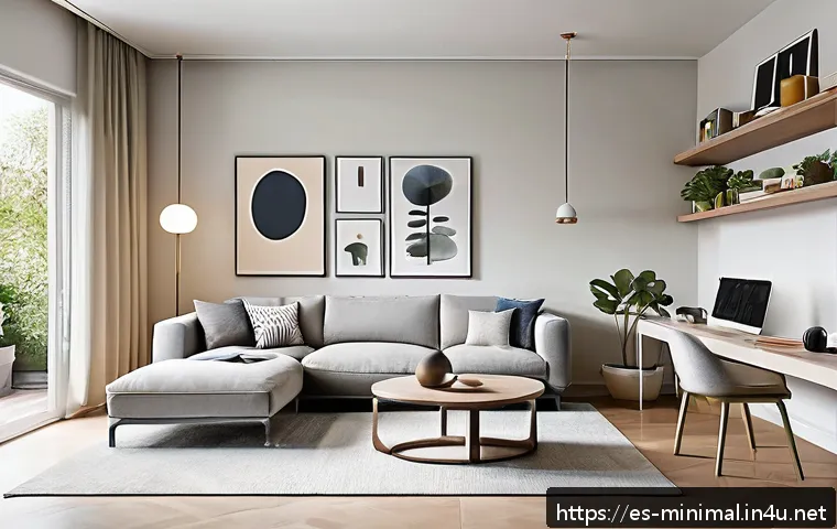 미니멀라이프 집 꾸미기 - A modern minimalist living room designed for a Spanish family with children, featuring durable multi...