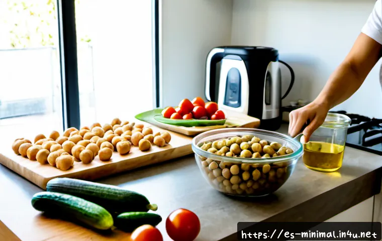 미니멀라이프 음식 준비 - Photorealistic minimalist meal-prep kitchen in a bright Spanish apartment, a clean wooden countertop...