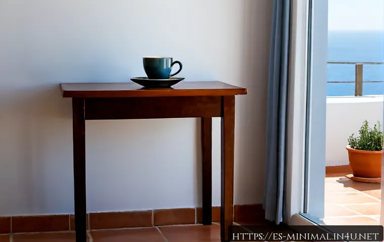 미니멀라이프 철학 - Photorealistic minimalist apartment in a sunlit Spanish coastal city, a mature adult calmly sitting ...