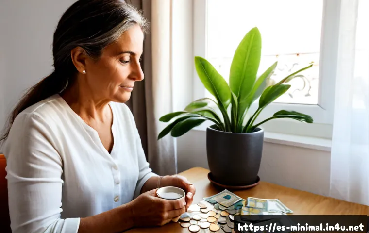 Home 17 미니멀라이프 경제적 자립 - Photorealistic minimalist apartment in Madrid, Spain, a calm middle-aged woman reviewing a simple ho...